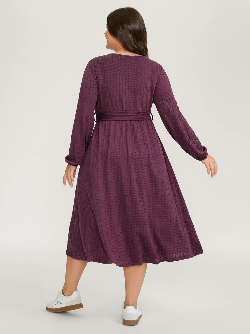 Textured Stretchy Waist-Tie Midi Dress