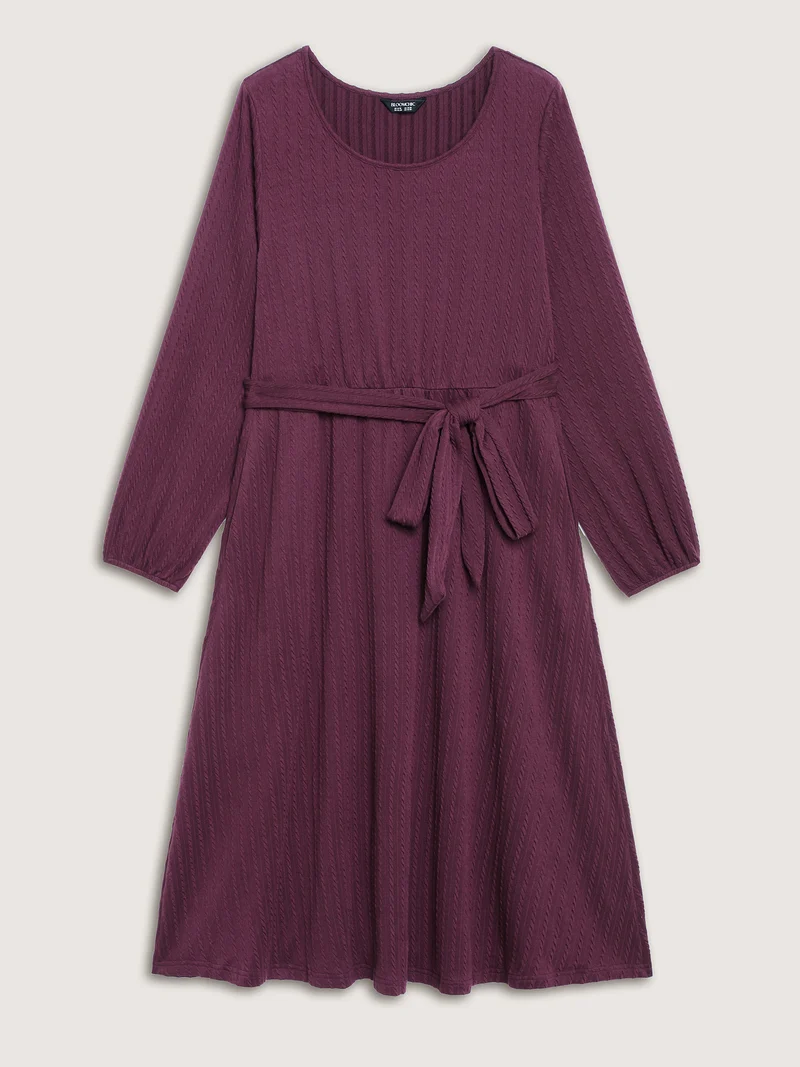 Textured Stretchy Waist-Tie Midi Dress