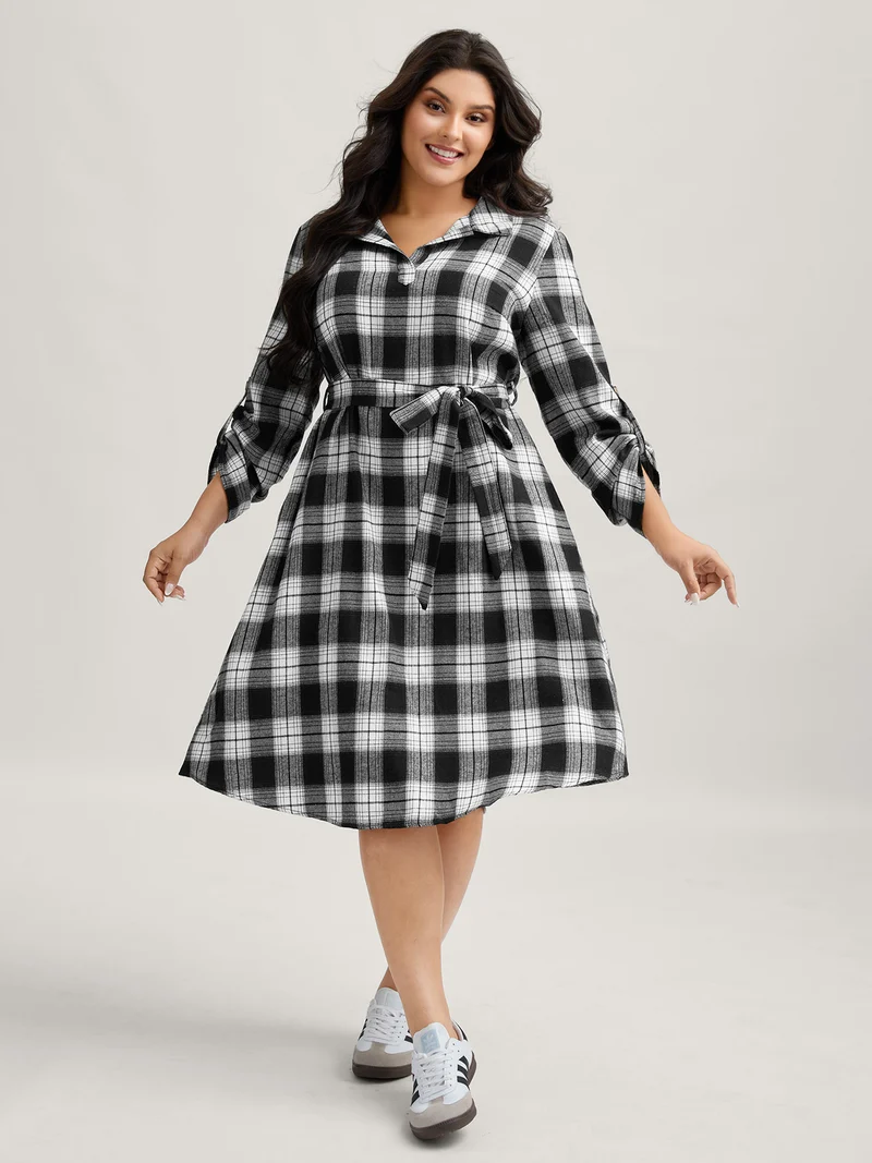 Plaid Print Waist-Tie Midi Dress
