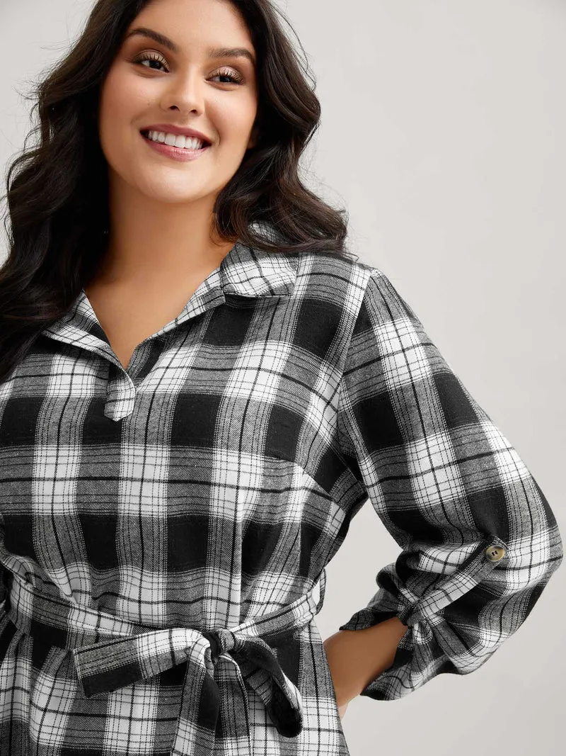 Plaid Print Waist-Tie Midi Dress