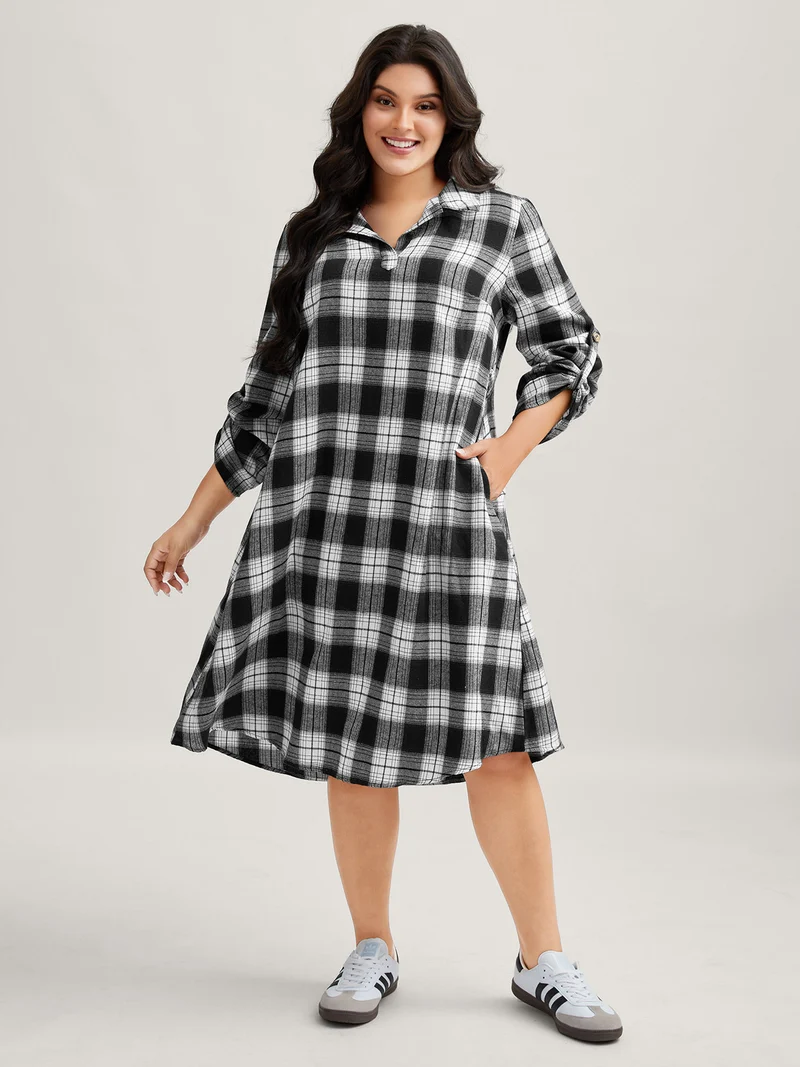 Plaid Print Waist-Tie Midi Dress