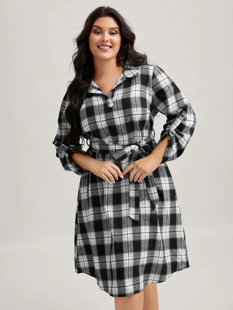 Plaid Print Waist-Tie Midi Dress