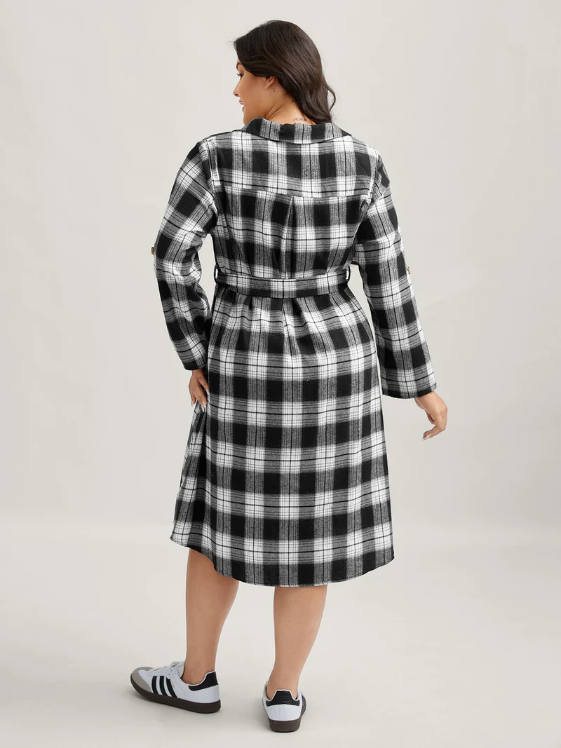 Plaid Print Waist-Tie Midi Dress