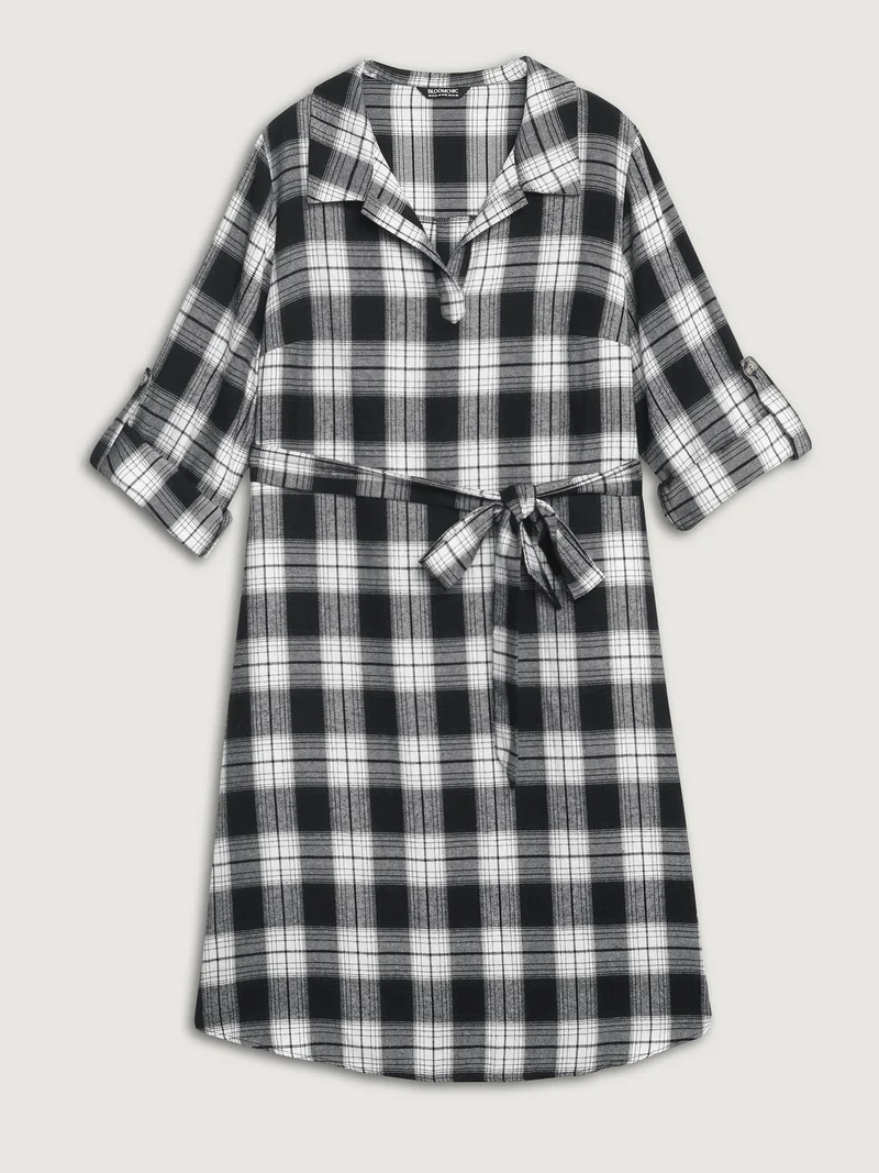 Plaid Print Waist-Tie Midi Dress