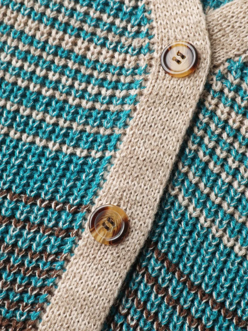 Colorful Stripes Button Pockets Knit Cardigan