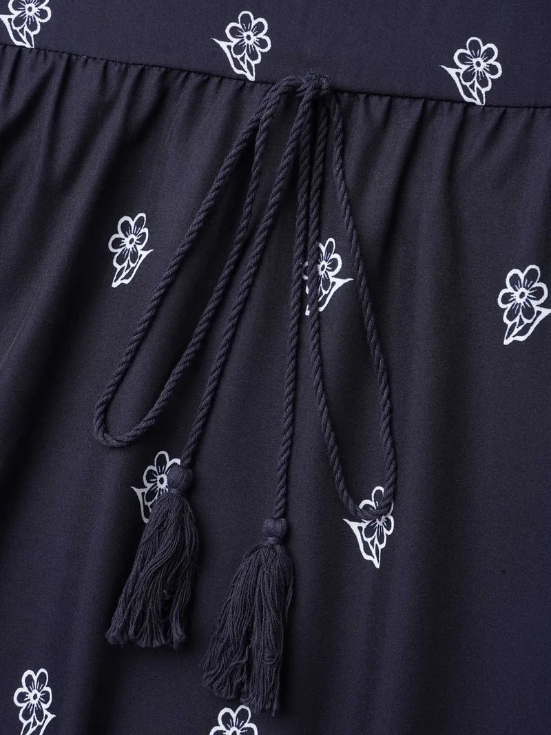 Floral Waist-Tie Notched Collar Midi Dress