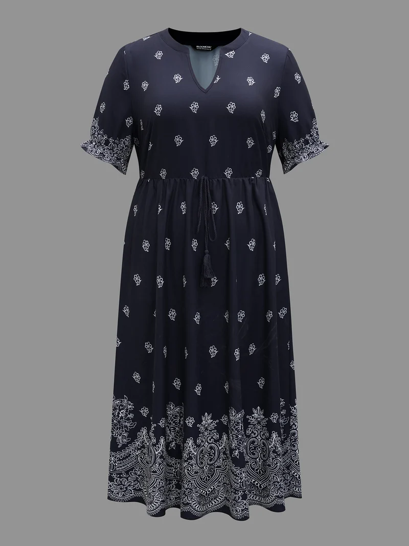 Floral Waist-Tie Notched Collar Midi Dress