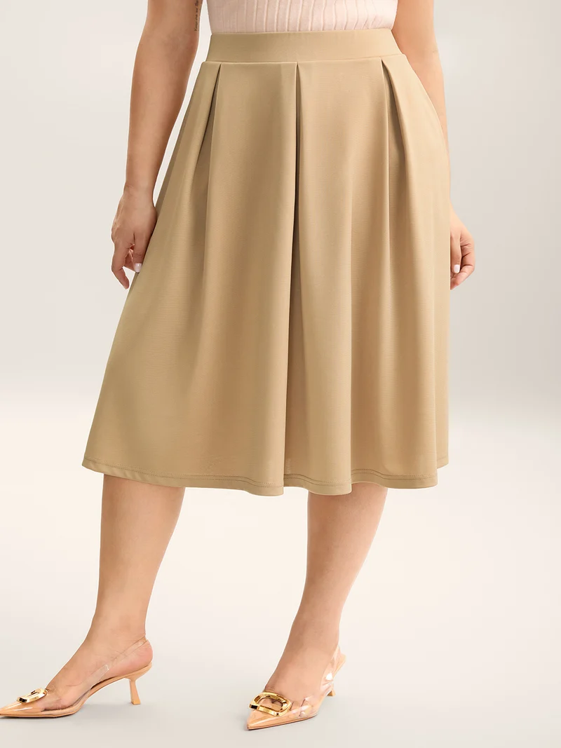 Plain Stretchy Waist Pleated Midi Skirt