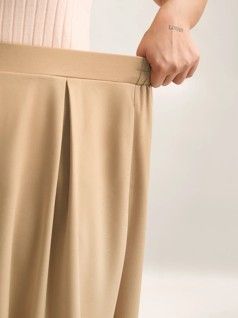 Plain Stretchy Waist Pleated Midi Skirt