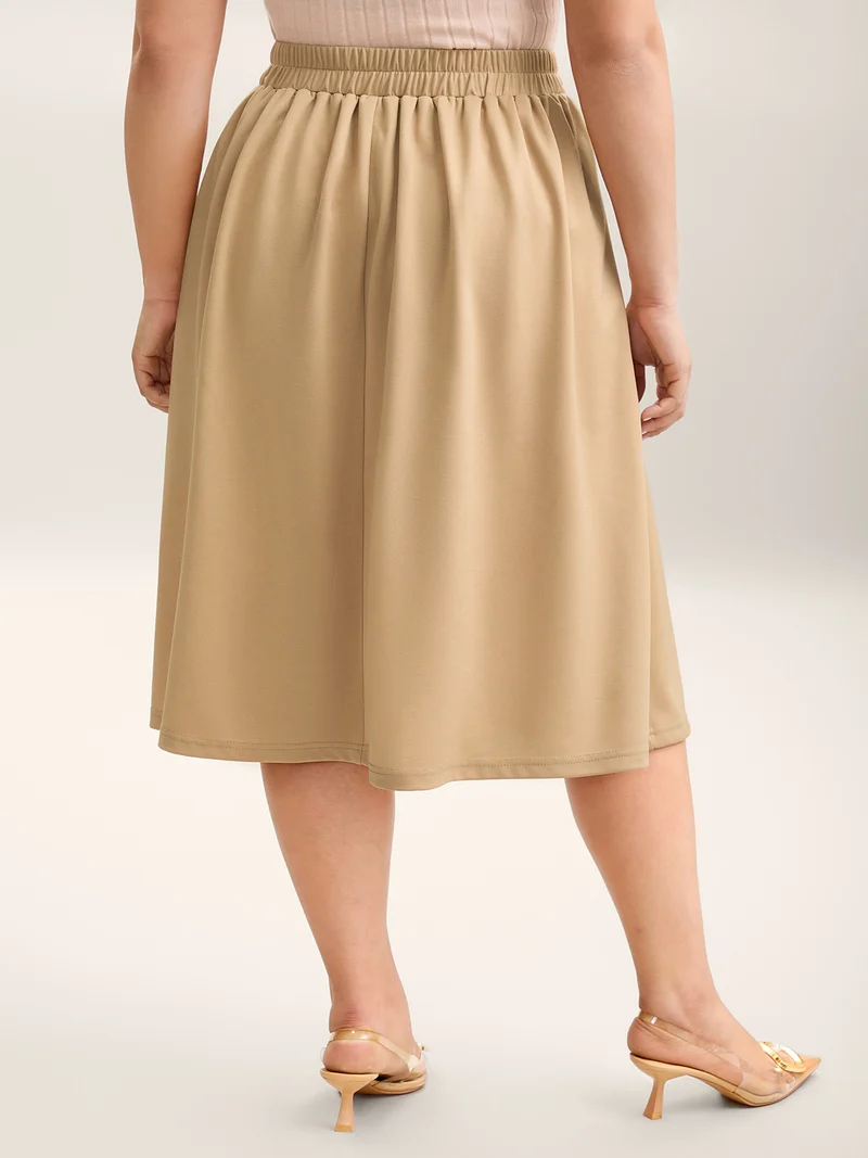 Plain Stretchy Waist Pleated Midi Skirt