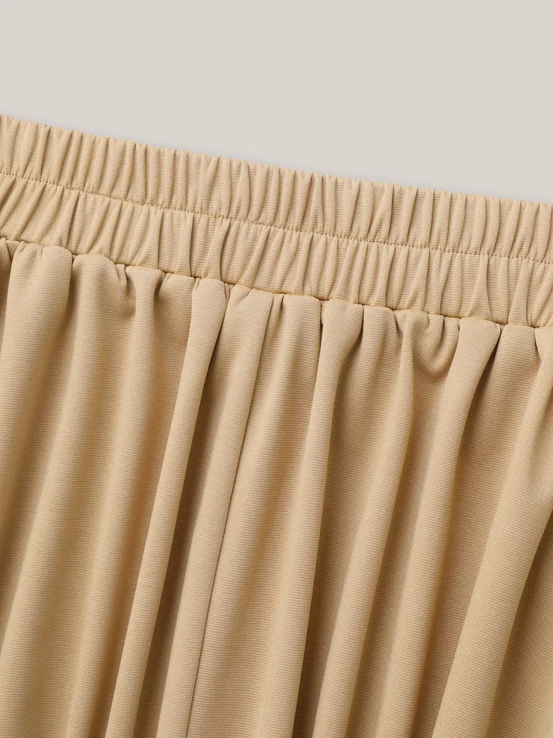 Plain Stretchy Waist Pleated Midi Skirt