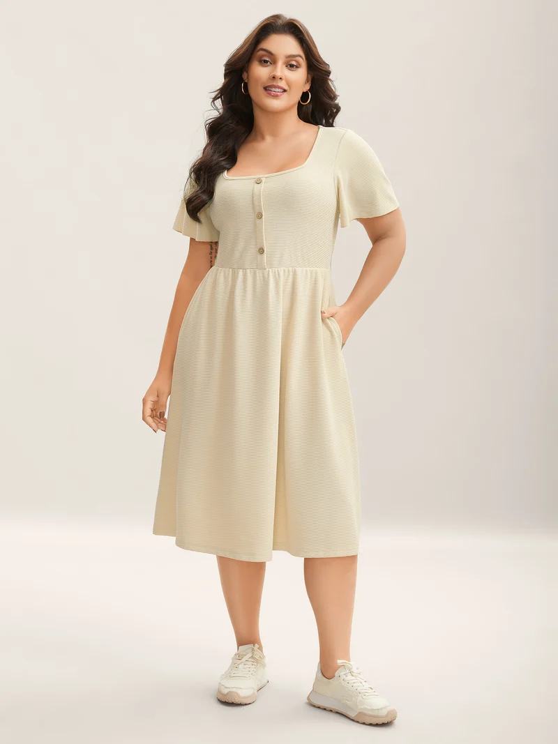 Waffle Button Detail Round Neck Midi Dress