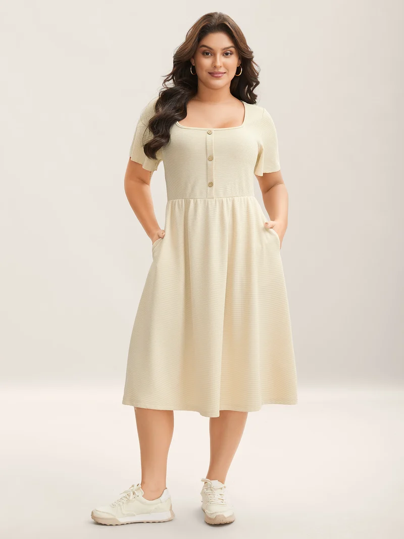Waffle Button Detail Round Neck Midi Dress