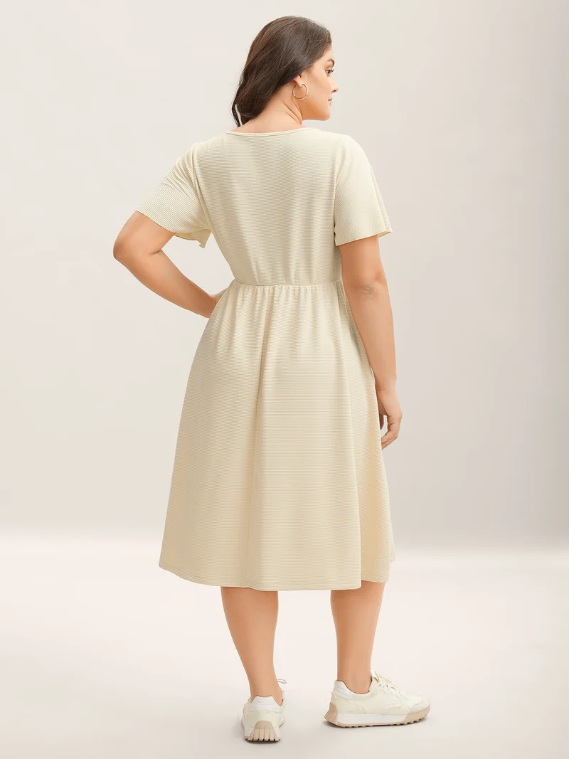 Waffle Button Detail Round Neck Midi Dress