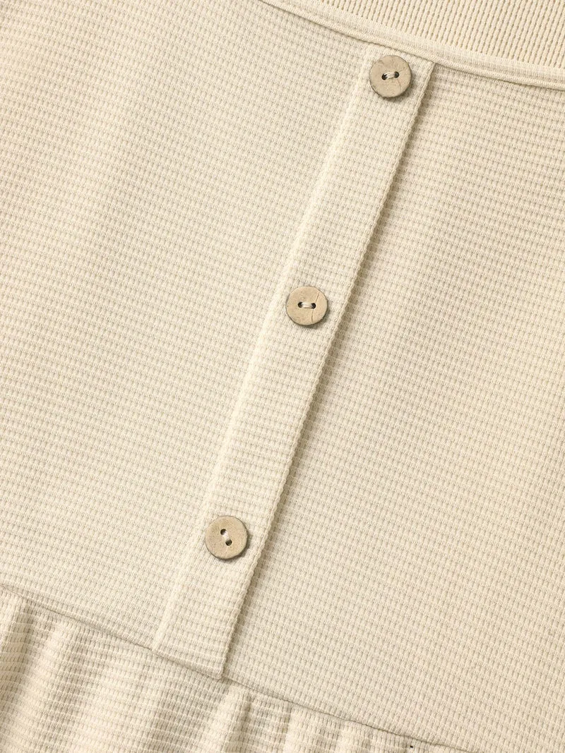 Waffle Button Detail Round Neck Midi Dress