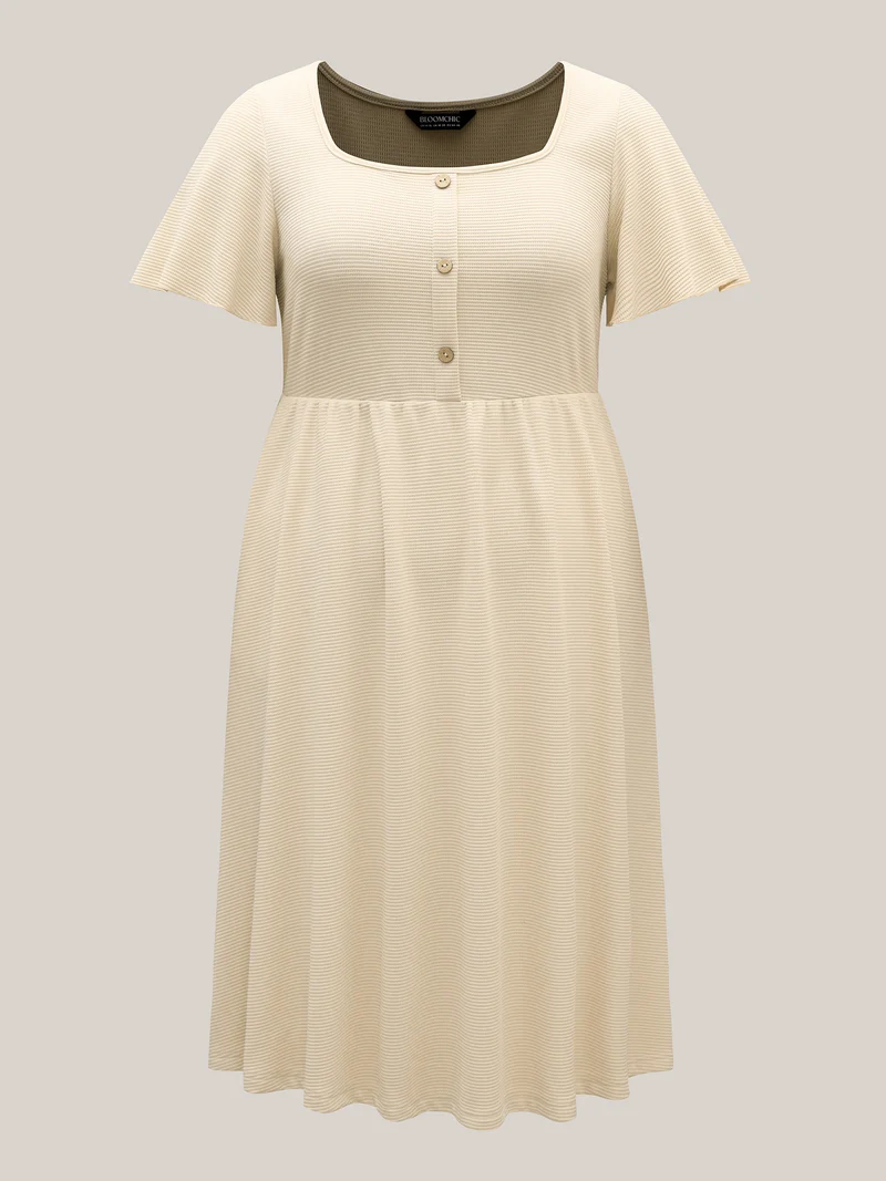 Waffle Button Detail Round Neck Midi Dress