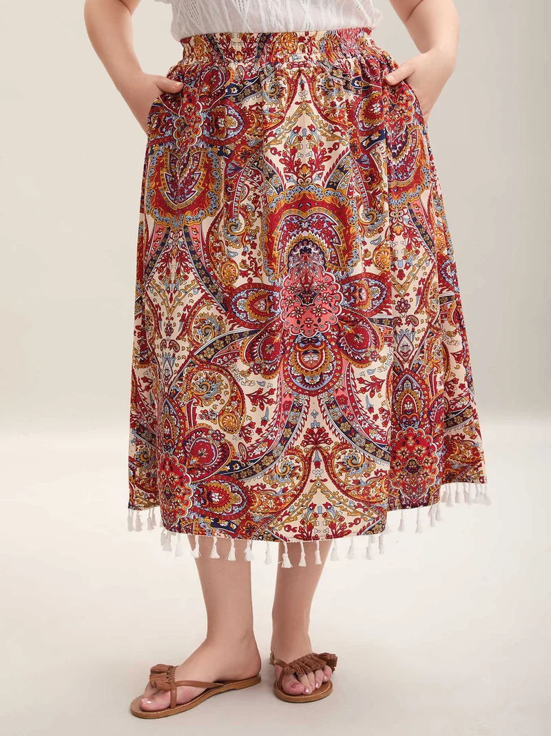 Paisley Print Tassels Spliced Midi Skirt