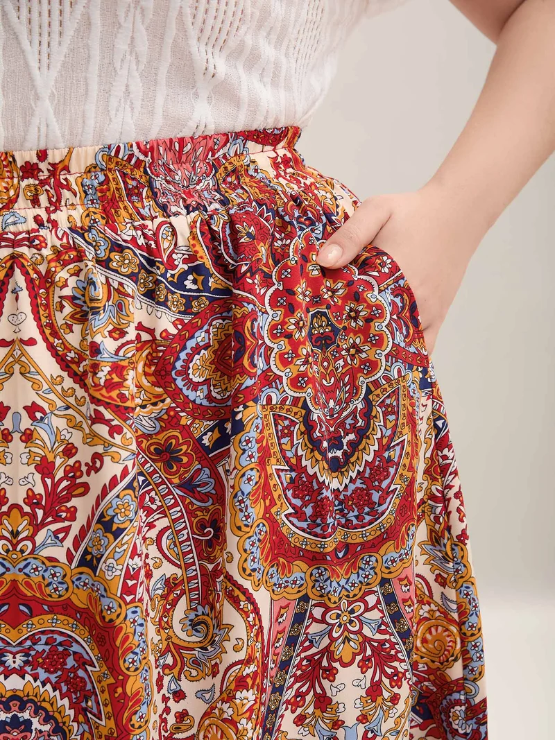 Paisley Print Tassels Spliced Midi Skirt