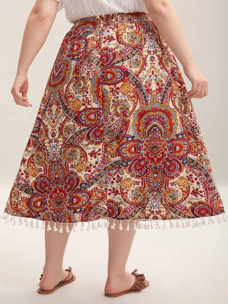Paisley Print Tassels Spliced Midi Skirt