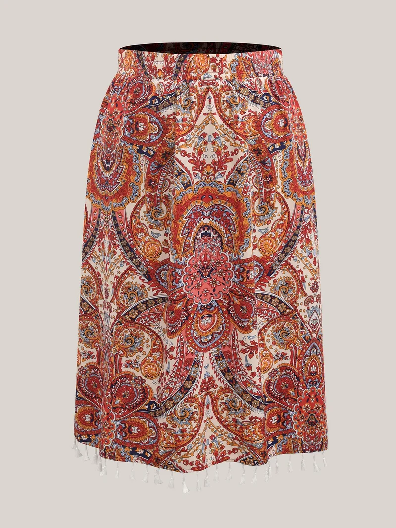 Paisley Print Tassels Spliced Midi Skirt