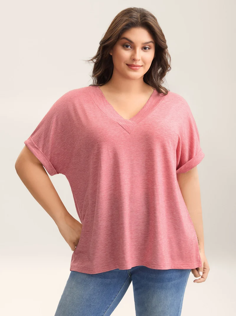 Stretchy Heathered V-Neck Solid T-Shirt