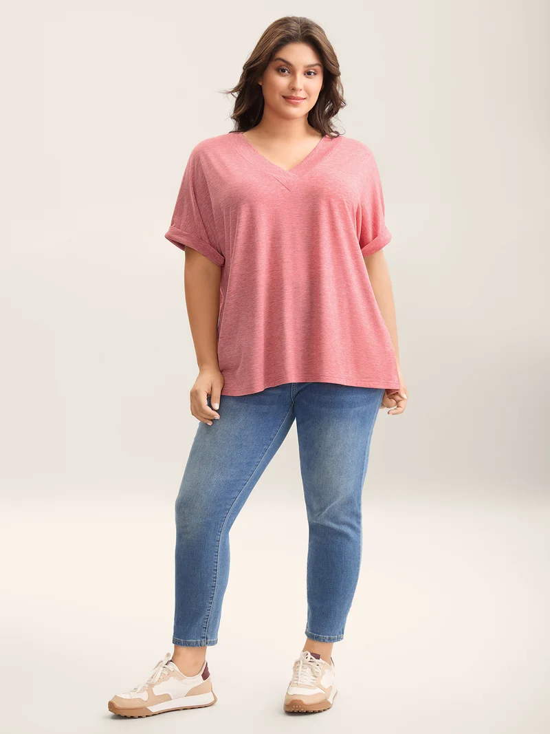 Stretchy Heathered V-Neck Solid T-Shirt