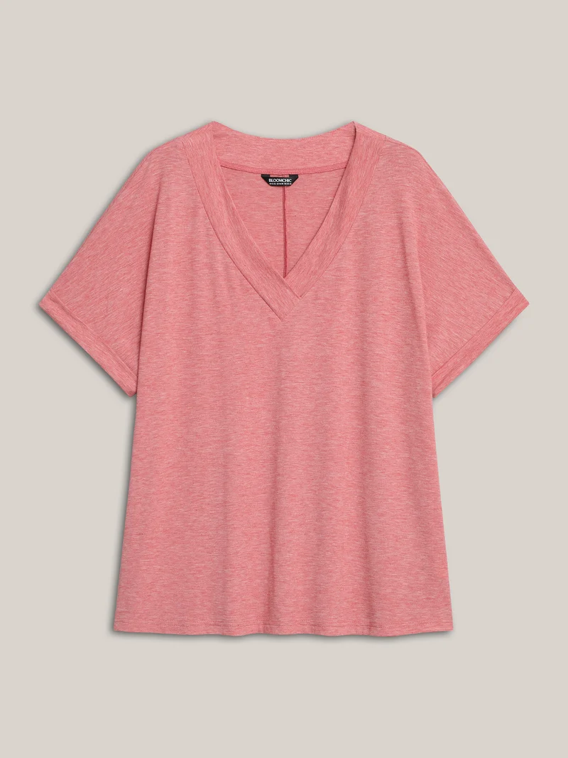 Stretchy Heathered V-Neck Solid T-Shirt