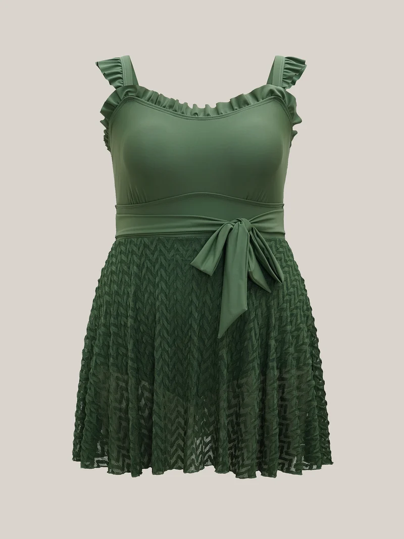 Frill Trim Belted Fit Flare Swim Dress