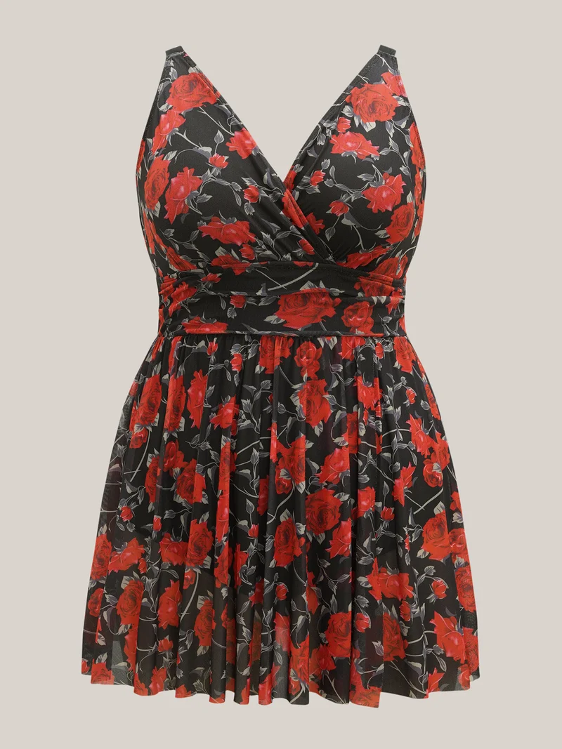 Midnight Roses Sheer Pleated Swim Dress