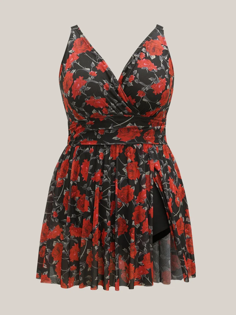 Midnight Roses Sheer Pleated Swim Dress