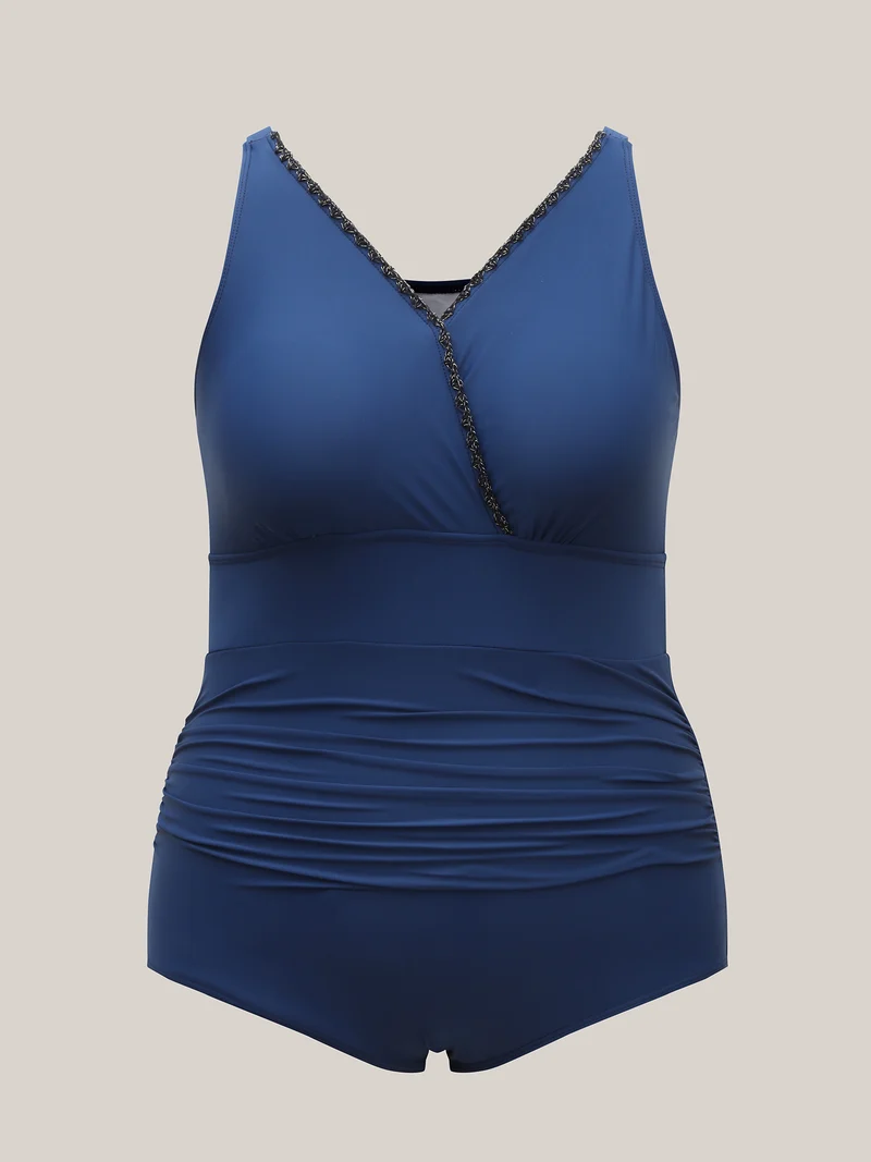 2-in-1 Embroidered Surplice Swim Dress