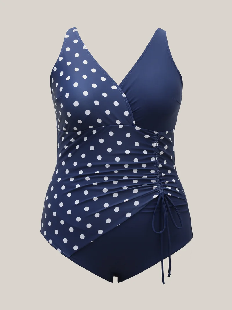Polka Dots Contrast Drawstring One-Piece Swimsuit