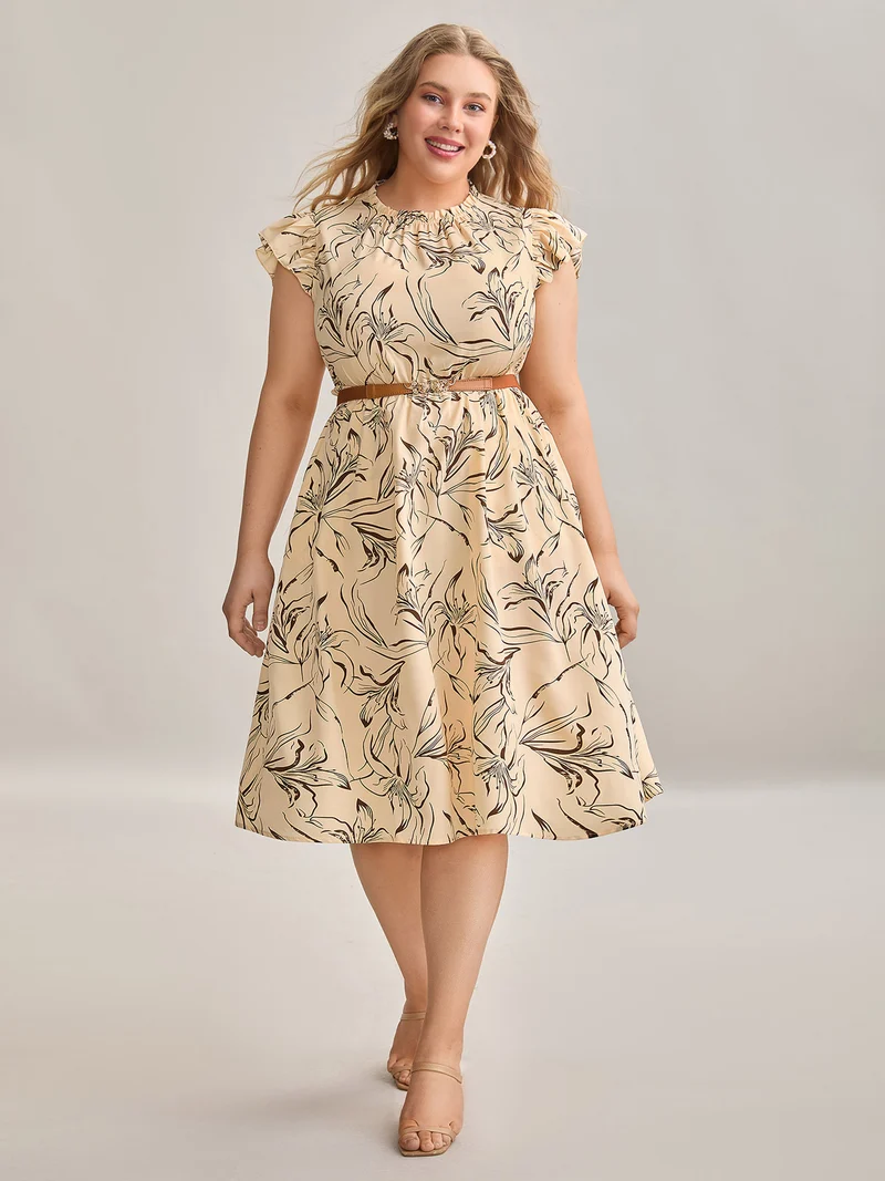 Abstract Print Mock Neck Midi Dress