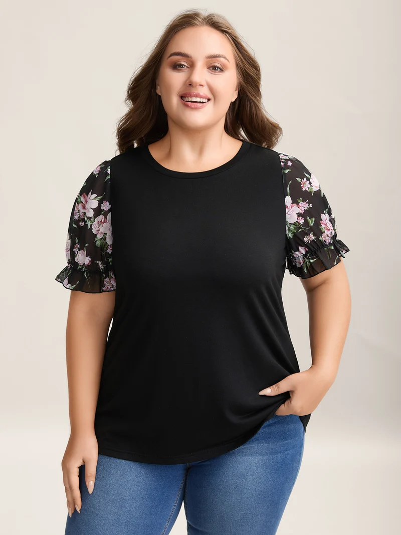 Printed Puff Sleeve Crew Neck T-Shirt