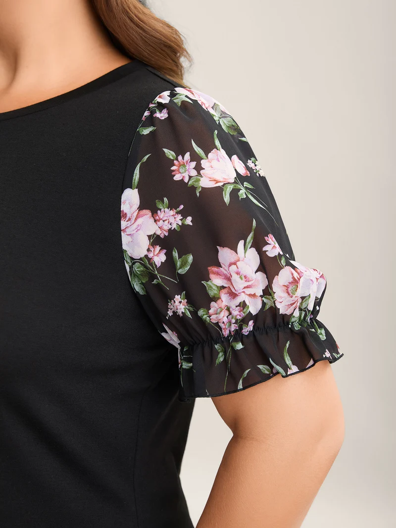 Printed Puff Sleeve Crew Neck T-Shirt