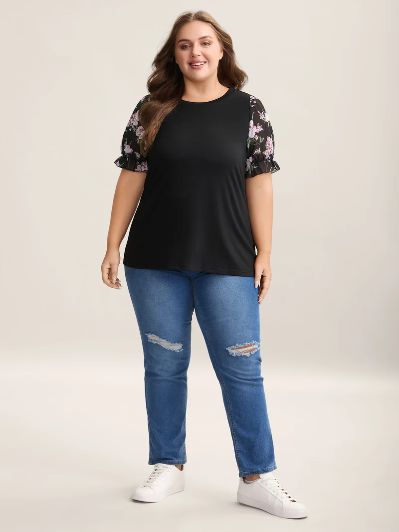 Printed Puff Sleeve Crew Neck T-Shirt
