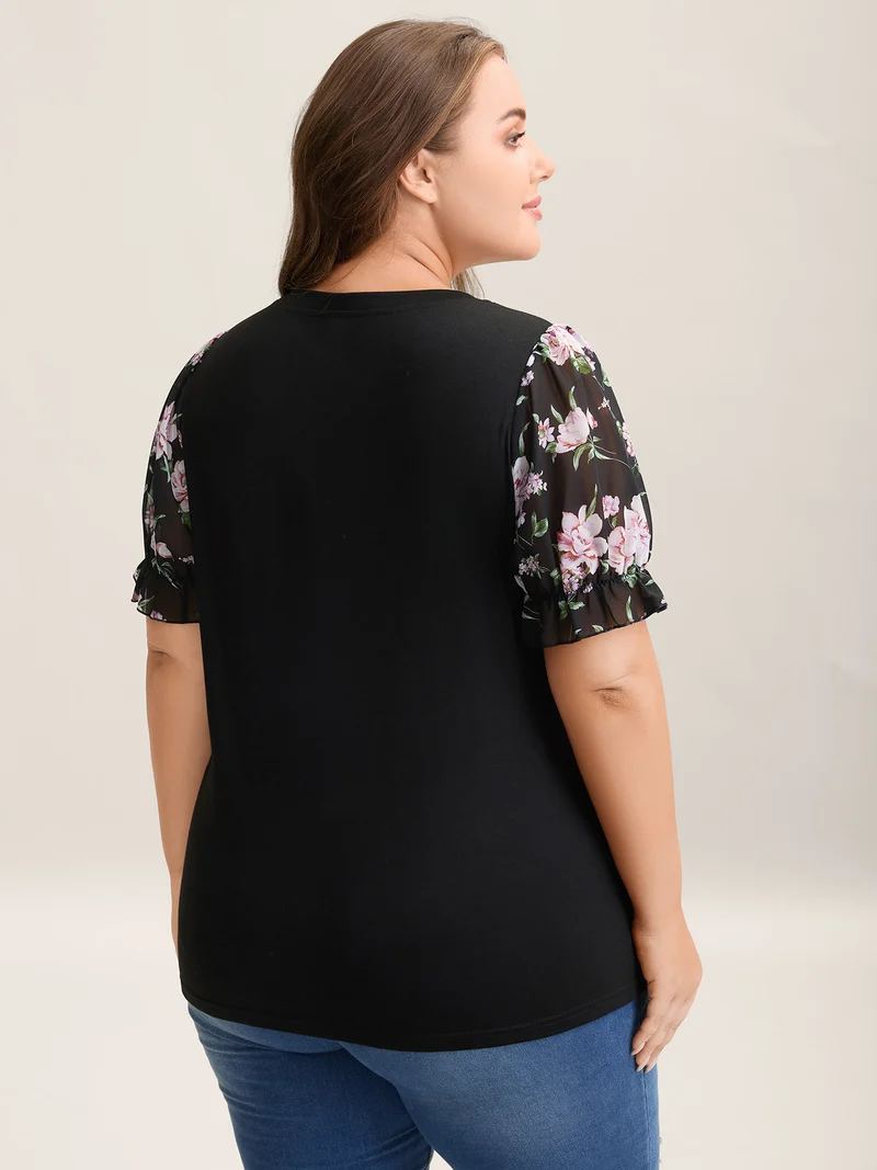 Printed Puff Sleeve Crew Neck T-Shirt