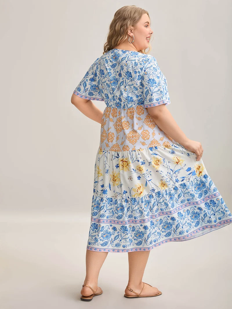 Contrast Print Ruched Tiered Midi Dress