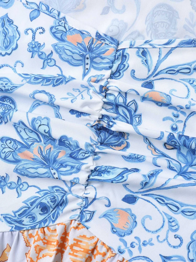 Contrast Print Ruched Tiered Midi Dress