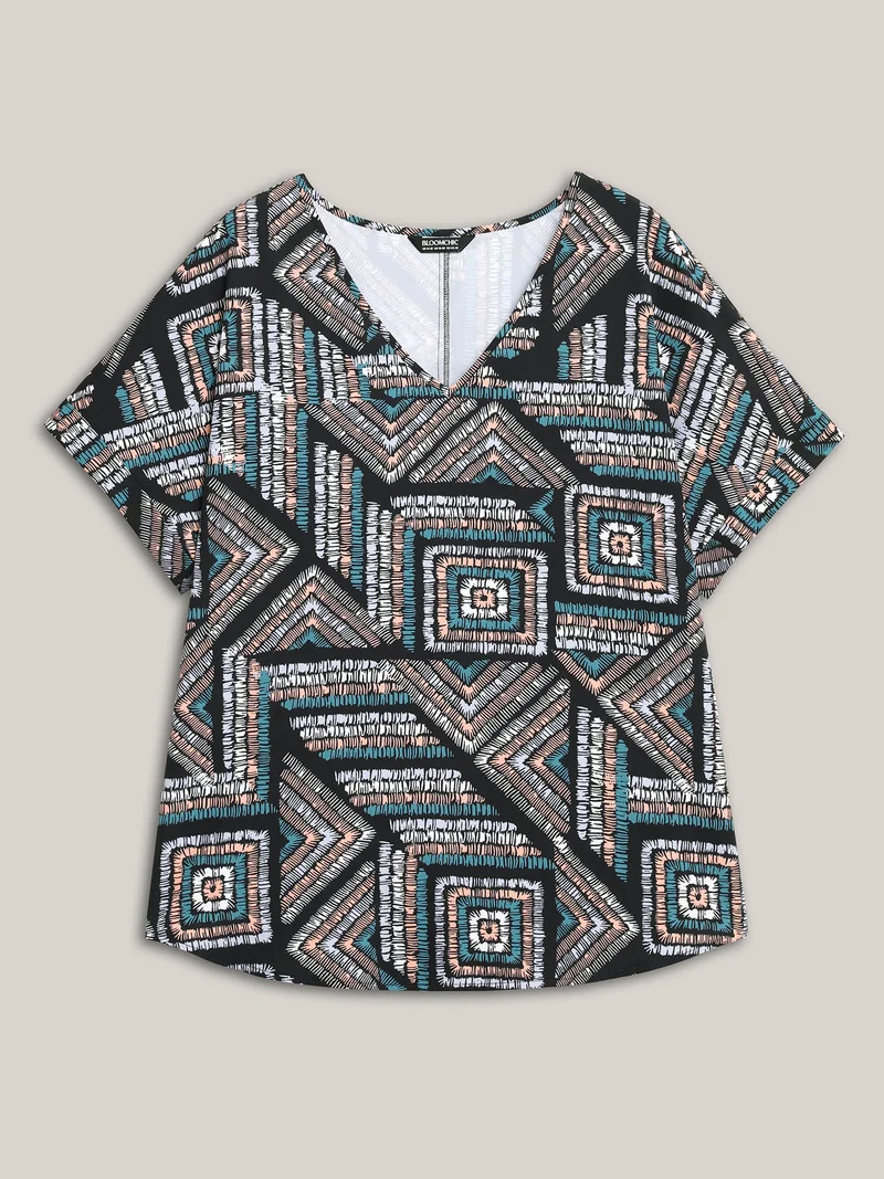 Geometric Print V-Neck Relaxed Fit Blouse