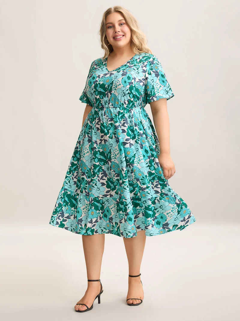 Floral Print V-Neck Pockets Midi Dress