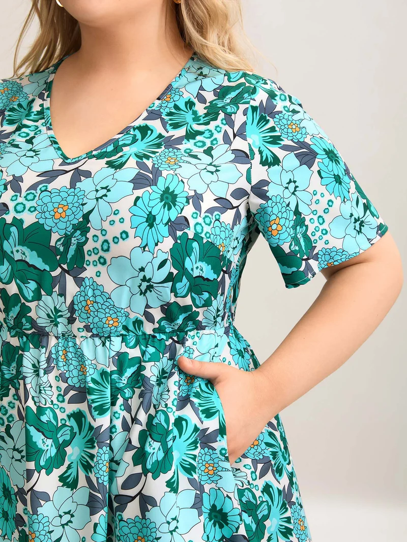 Floral Print V-Neck Pockets Midi Dress
