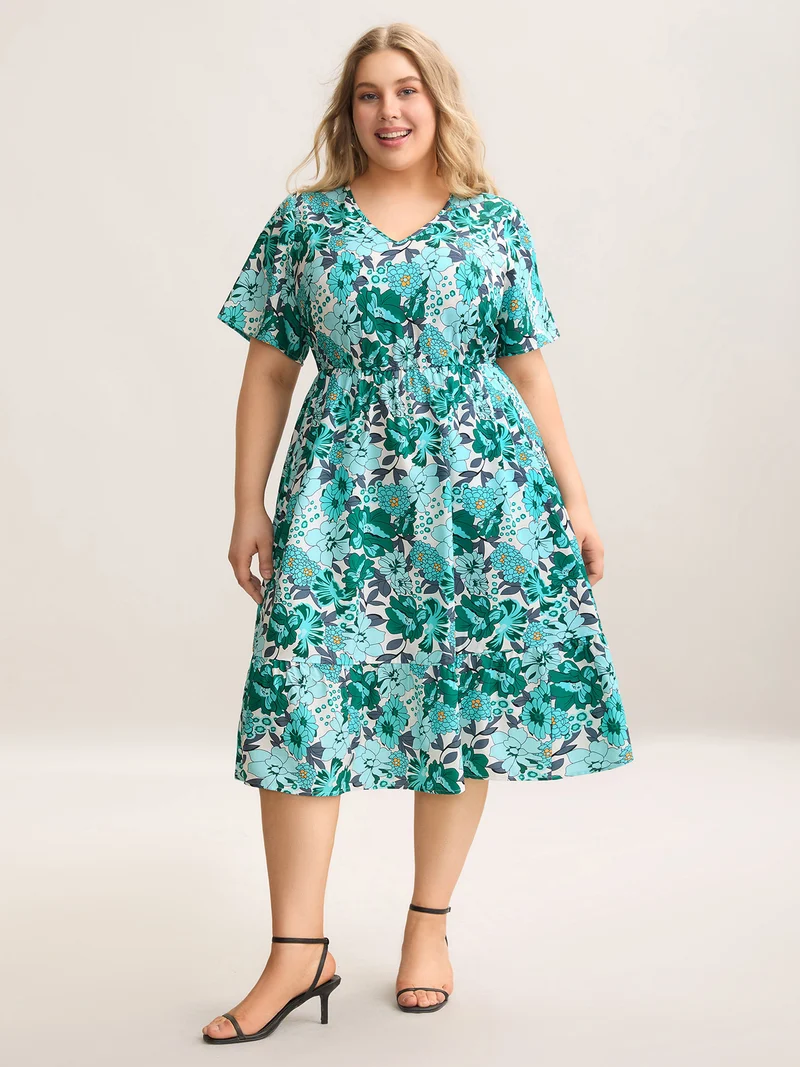 Floral Print V-Neck Pockets Midi Dress