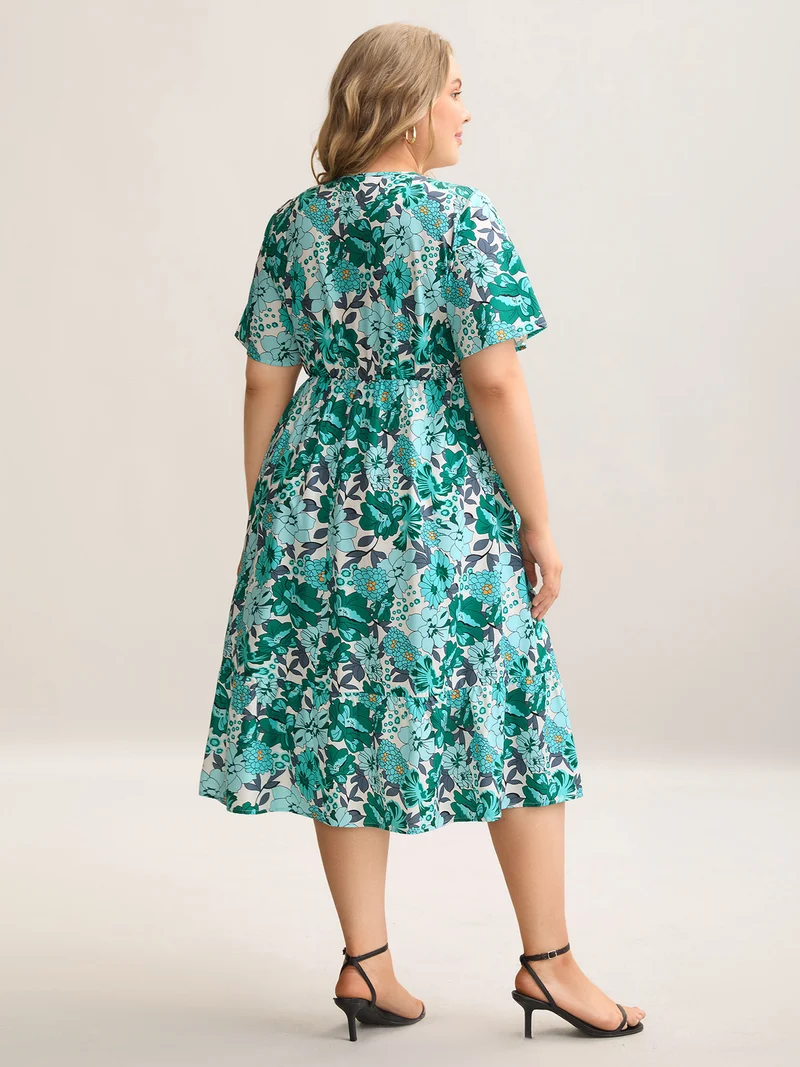 Floral Print V-Neck Pockets Midi Dress