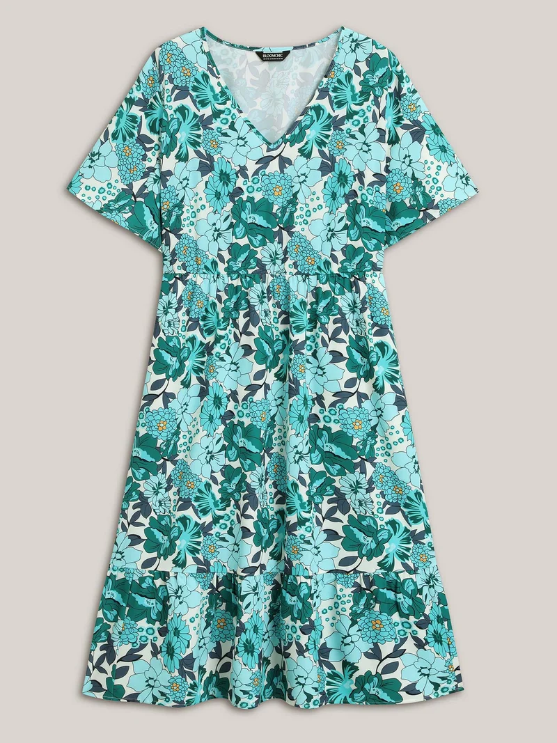 Floral Print V-Neck Pockets Midi Dress