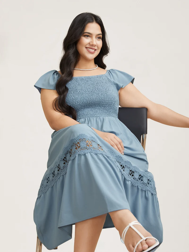 Shirred Stretchy Waist Lace Trim Midi Dress