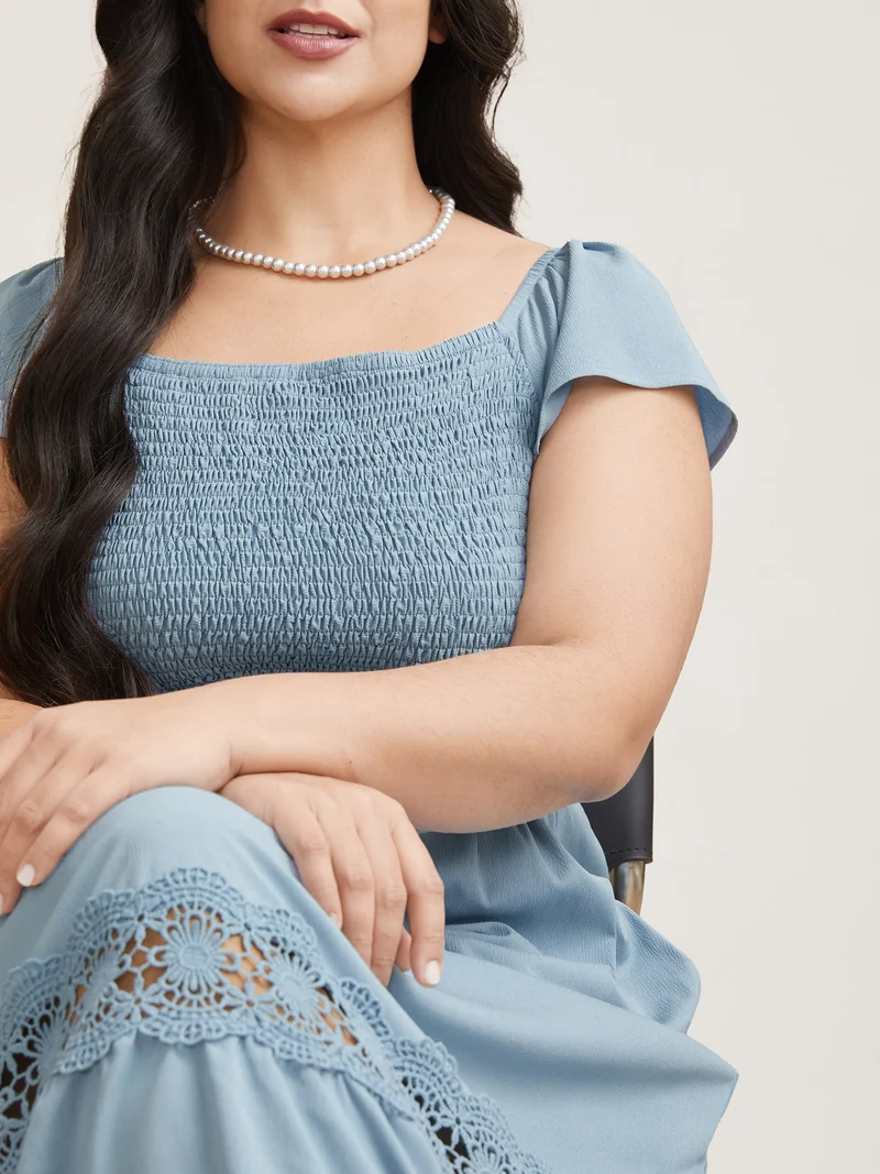 Shirred Stretchy Waist Lace Trim Midi Dress