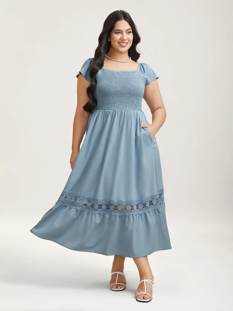 Shirred Stretchy Waist Lace Trim Midi Dress