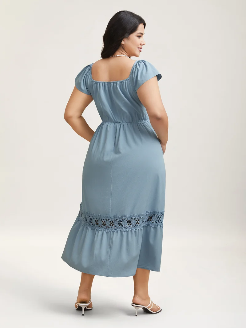Shirred Stretchy Waist Lace Trim Midi Dress