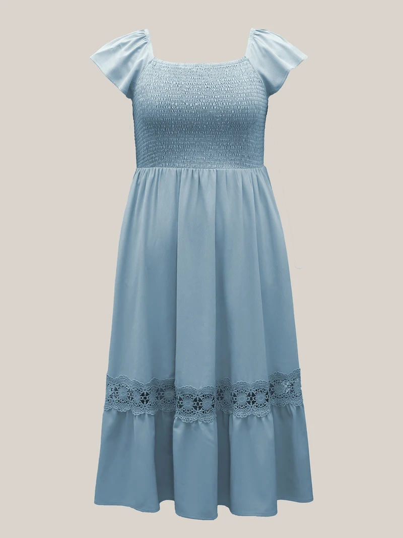 Shirred Stretchy Waist Lace Trim Midi Dress